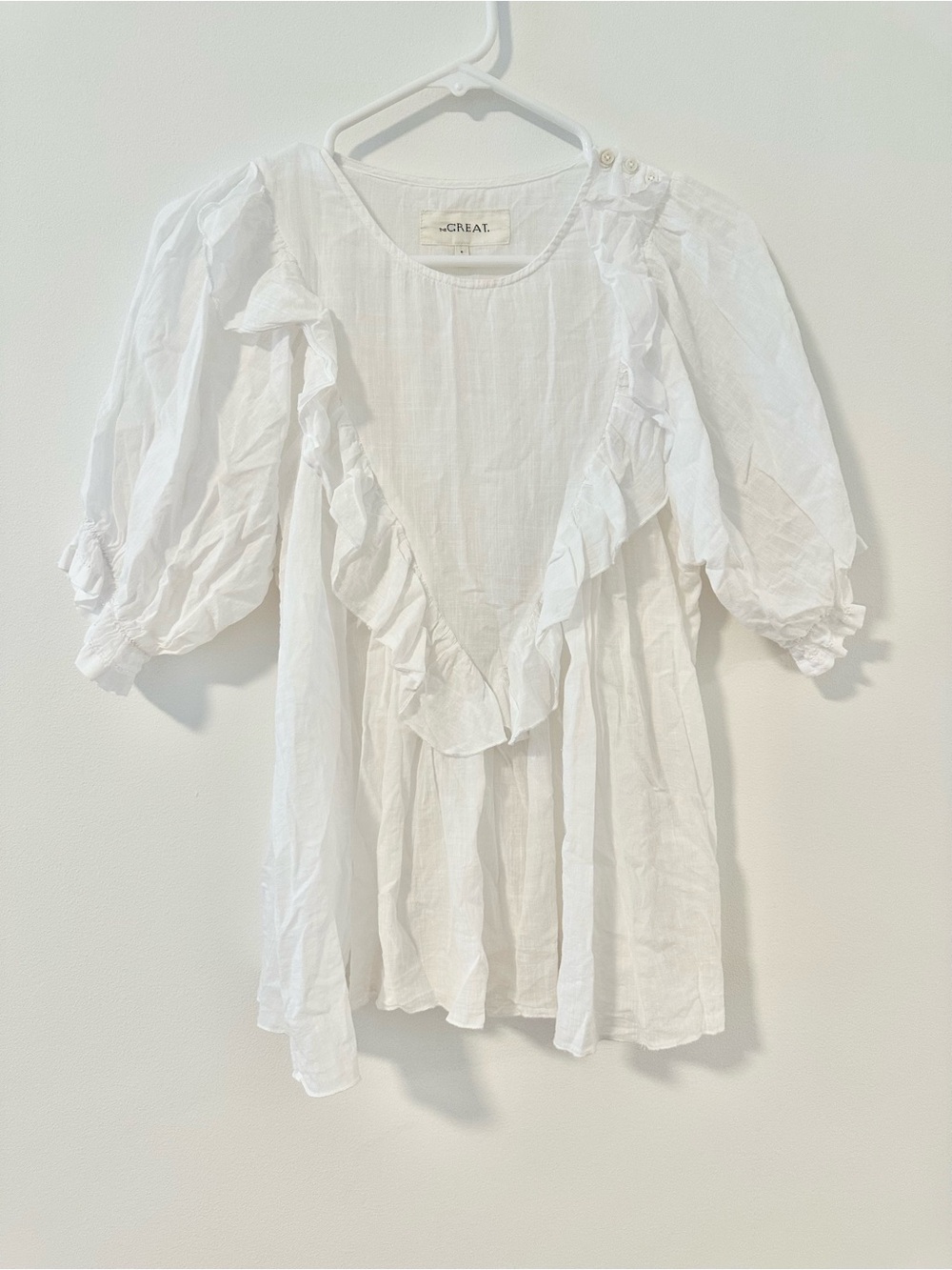 The Great. Cotton Ruffle Blouse in White